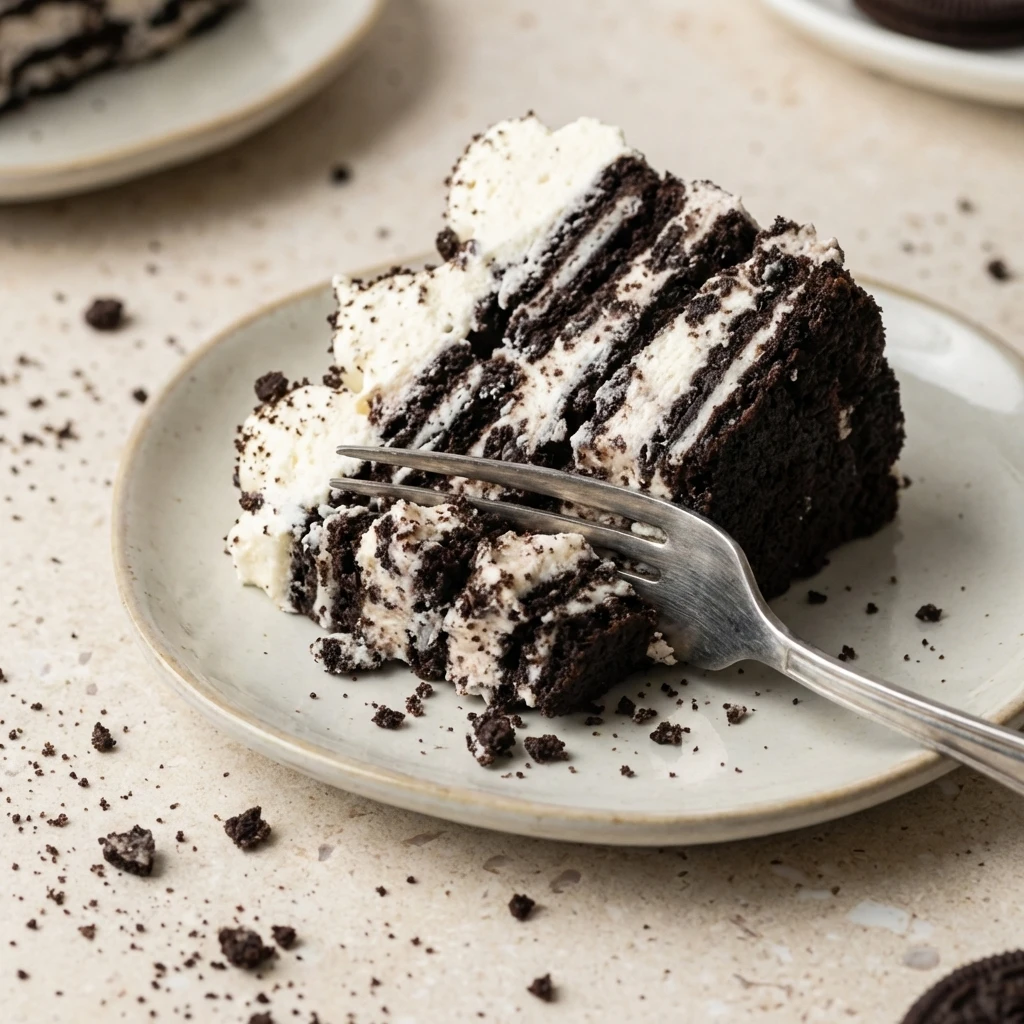 vegan-oreo-tiramisu-slice-creamy-layers slice of vegan Oreo tiramisu with visible creamy layers and soft chocolate cookies served on plate