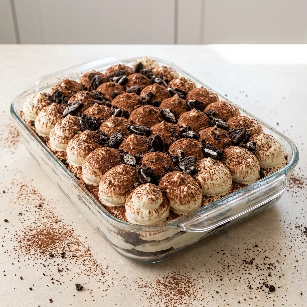 vegan-oreo-tiramisu-whole-dish-cocoa whole vegan Oreo tiramisu dessert with cocoa powder topping and piped cream in glass dish