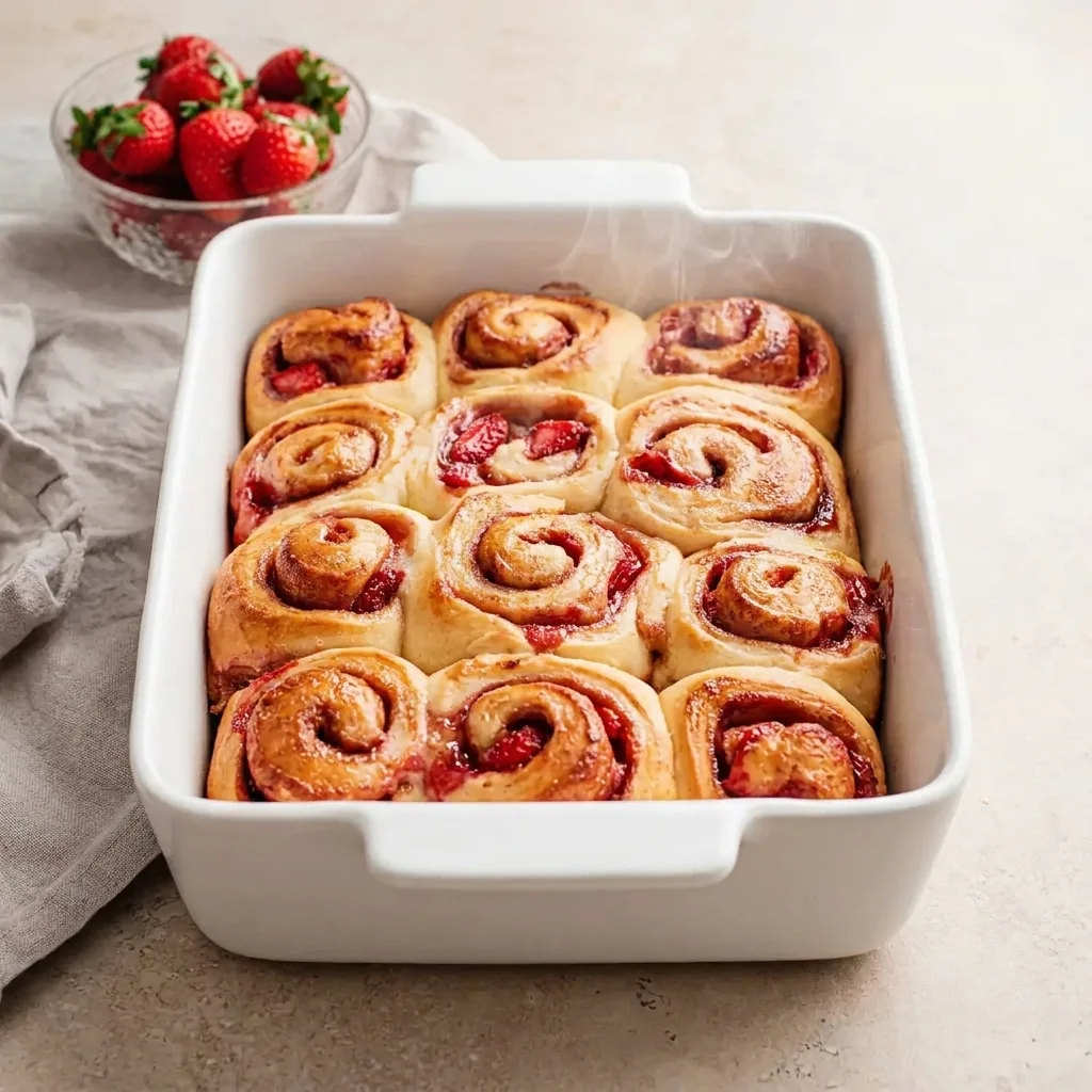Fresh baked vegan strawberry cinnamon rolls with golden brown tops in a white baking dish
