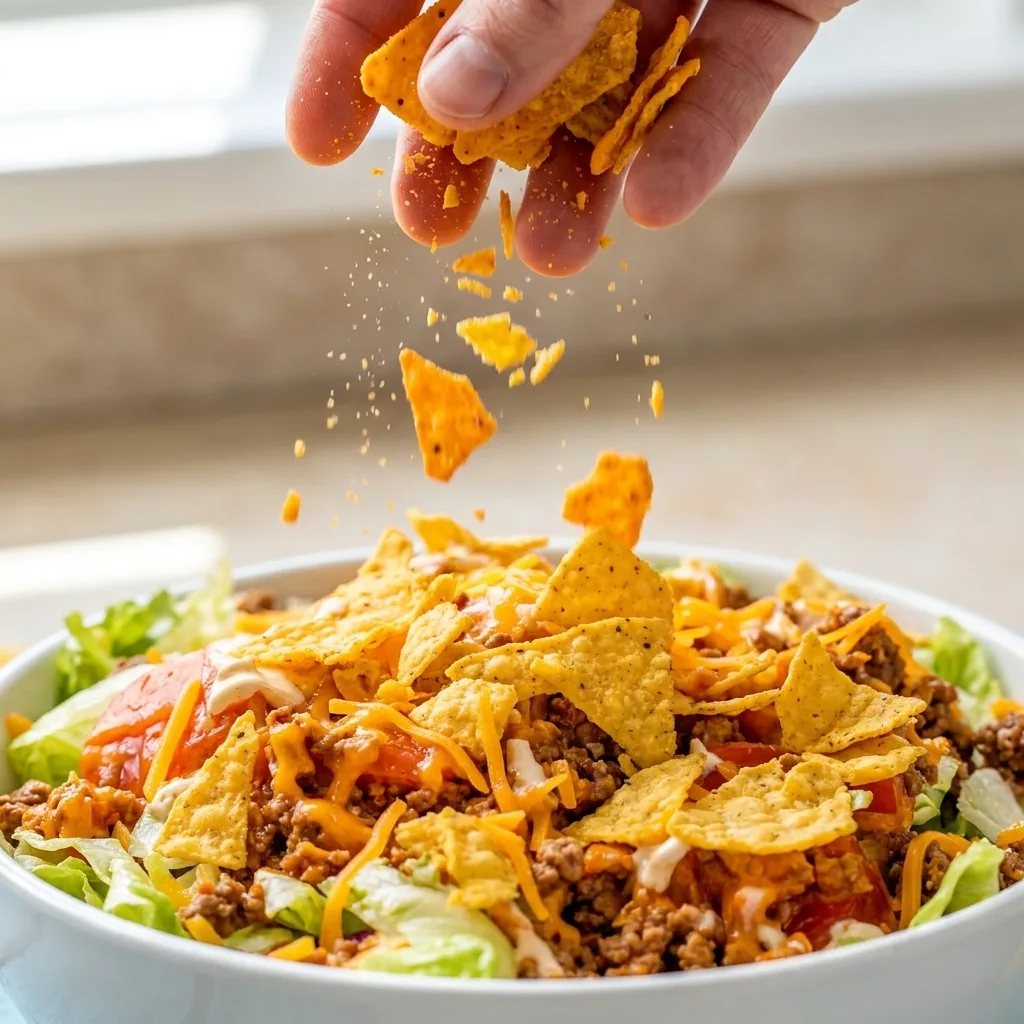 Hand adding crunchy nacho Doritos chips to taco salad with beef, cheese, and lettuce