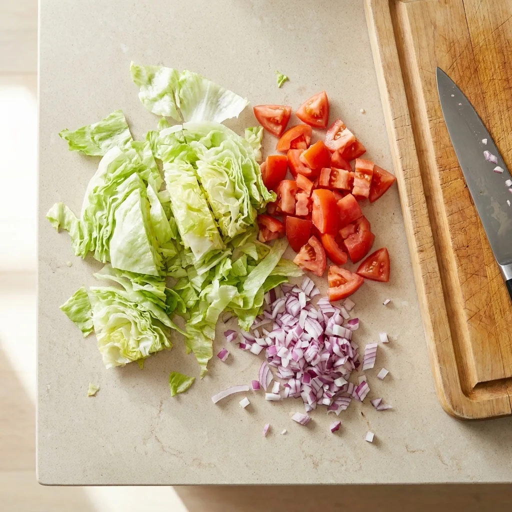 Fresh chopped lettuce, tomatoes, and red onion prepared for Doritos taco salad