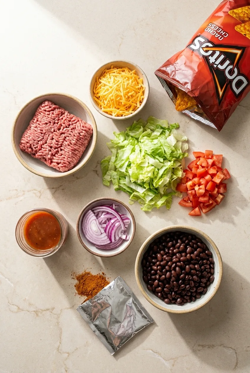 Ingredients for Doritos taco salad including ground beef, lettuce, cheese, tomatoes, black beans, Catalina dressing, and nacho chips