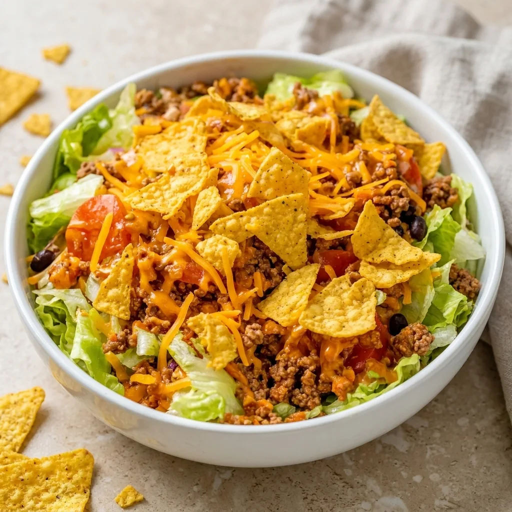 Easy Doritos taco salad recipe with ground beef, cheddar cheese, lettuce, tomatoes, black beans, and crunchy nacho chips