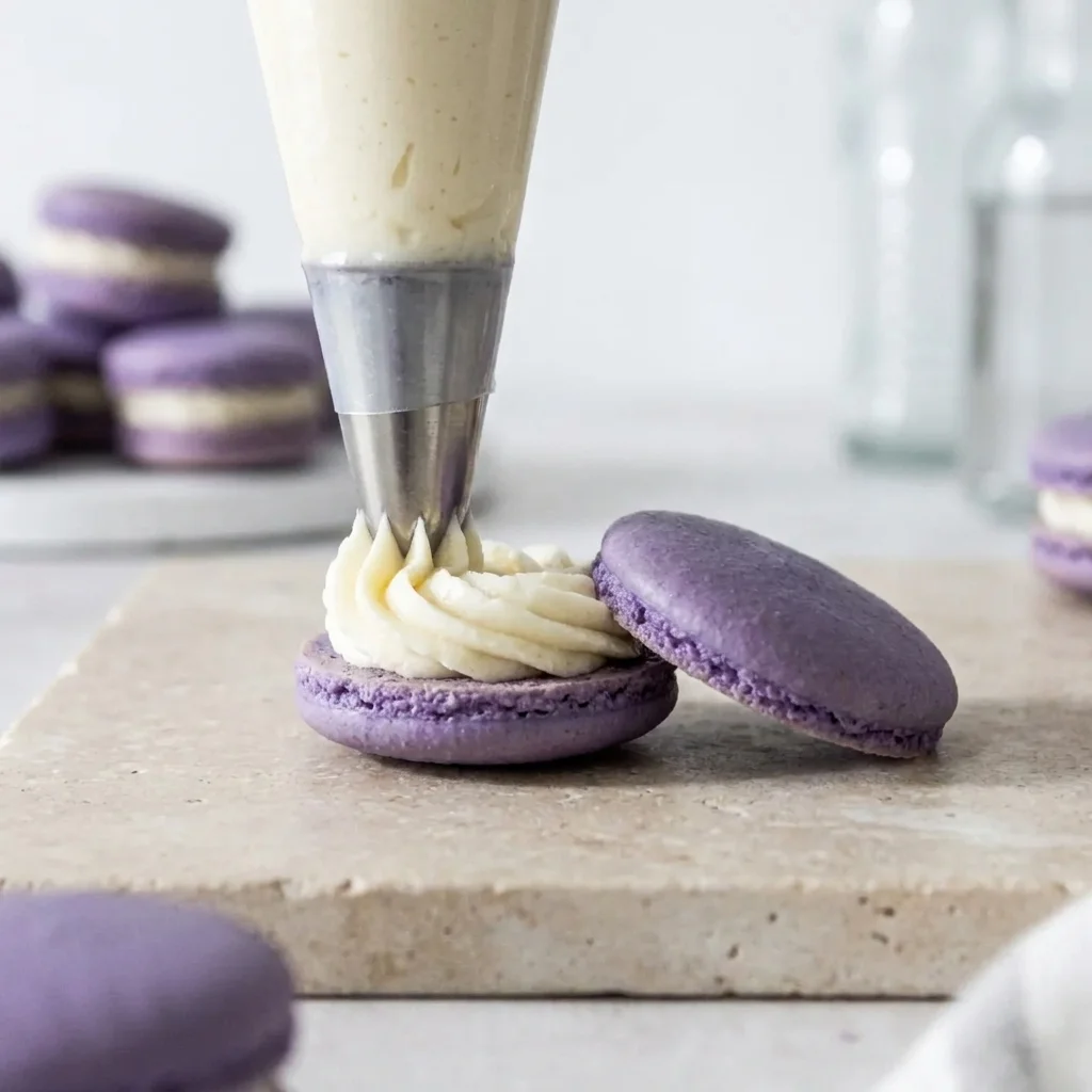 Filling macarons with buttercream using piping bag during assembly