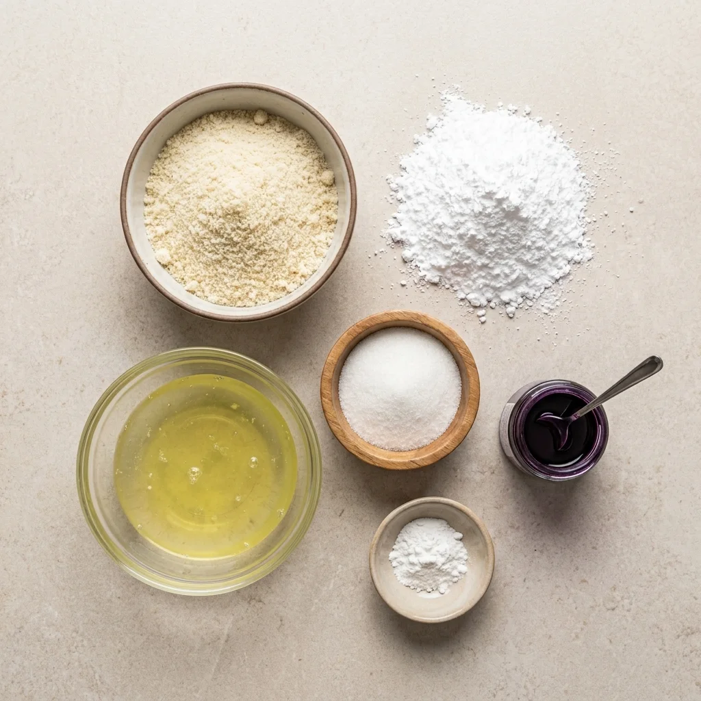 Ingredients for French macarons including almond flour egg whites powdered sugar and granulated sugar