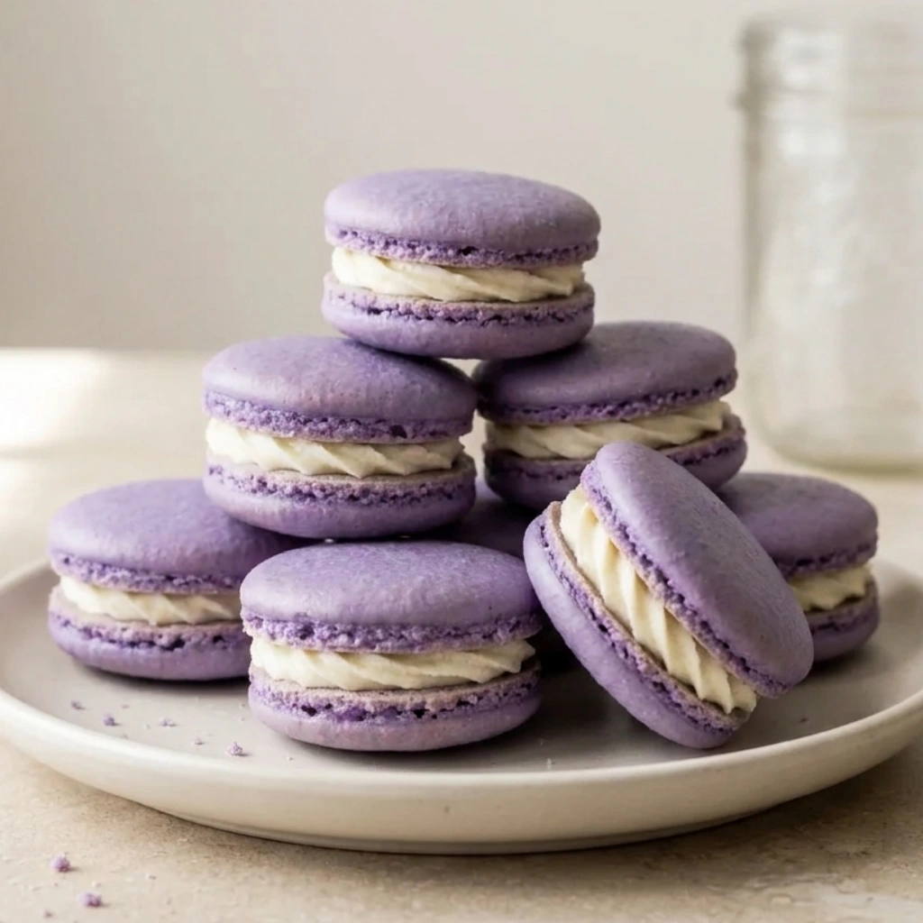 Homemade French macarons with lavender shells and cream filling