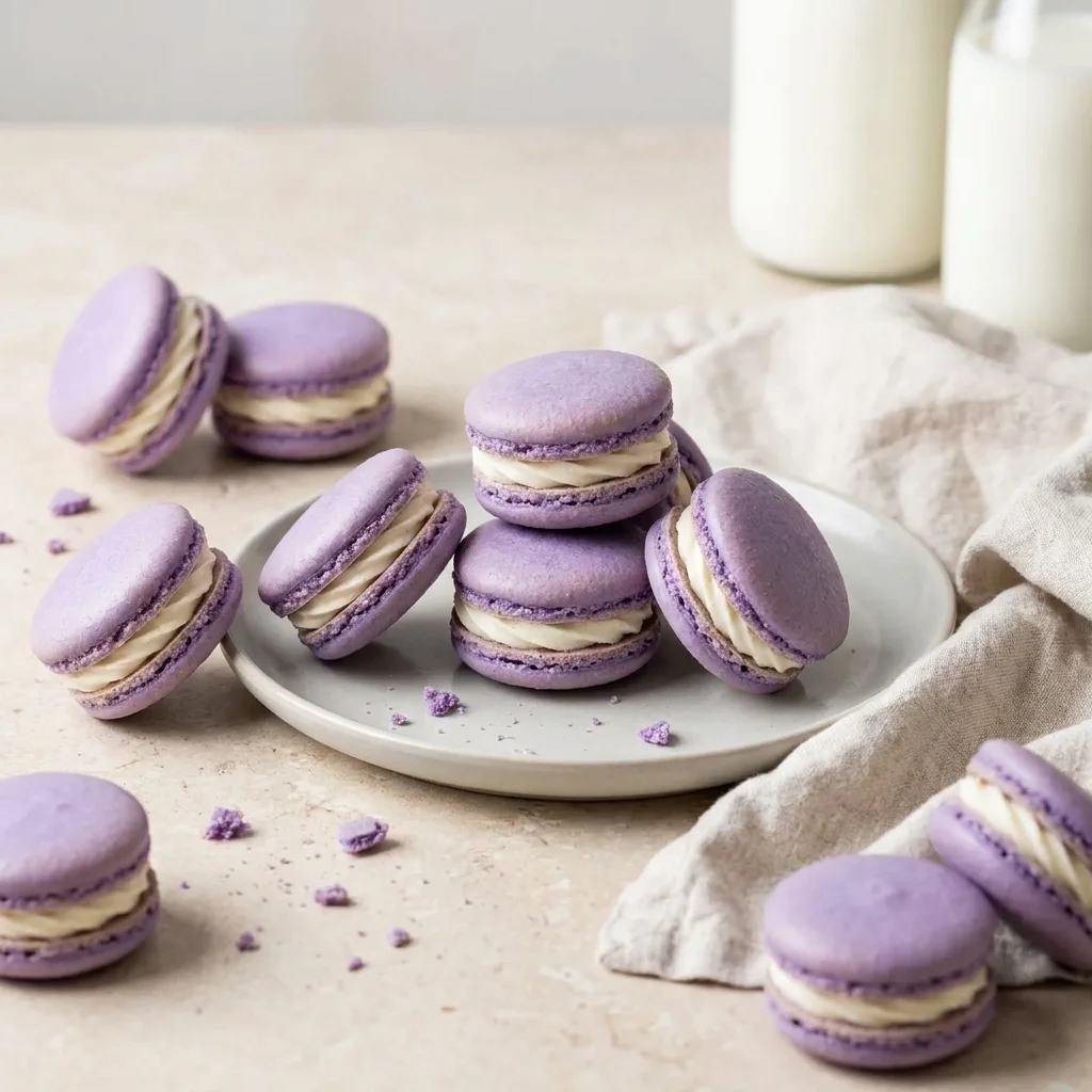 Homemade French macarons served on plate with soft natural lighting