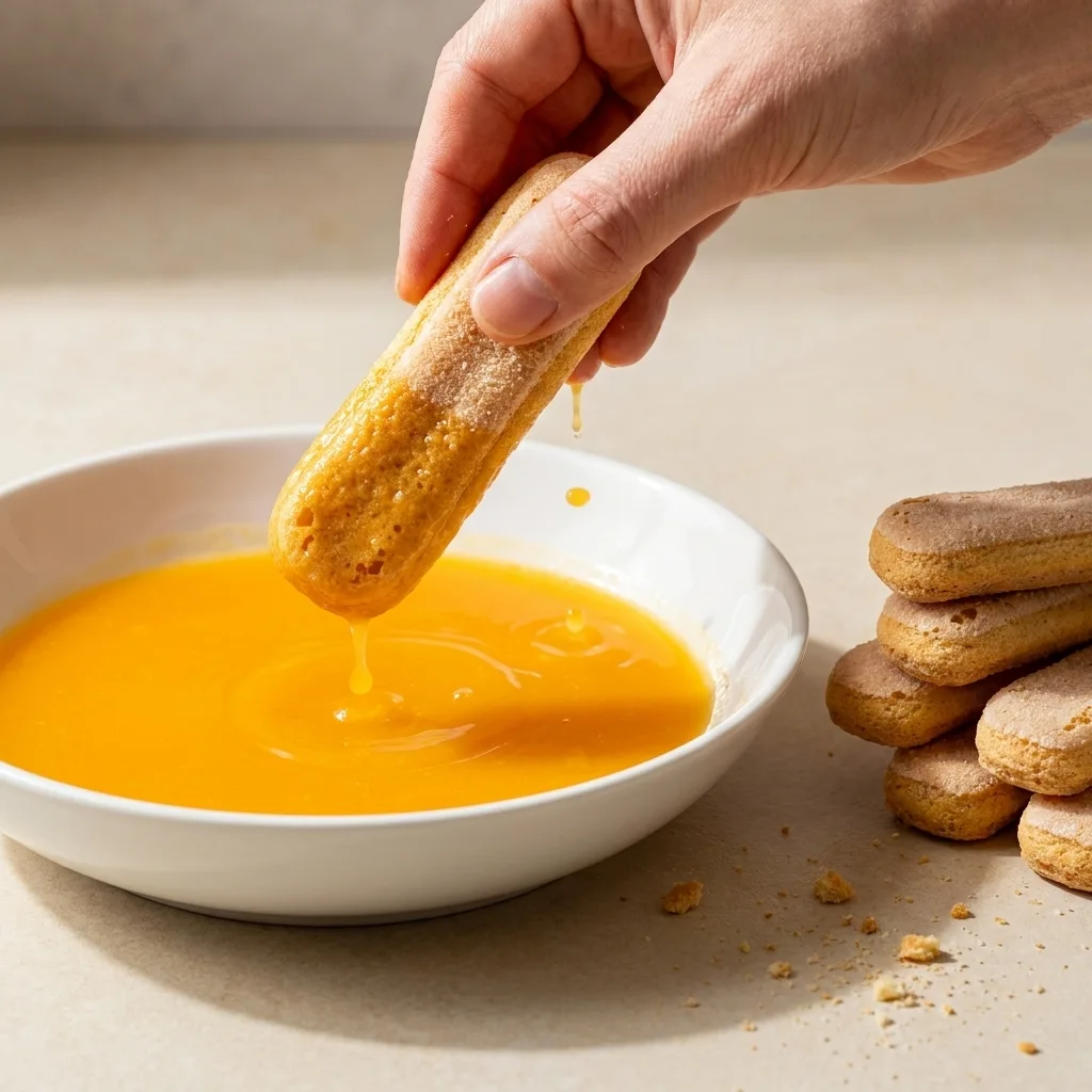 ladyfingers-soaking-mango-juice-tiramisu Ladyfinger biscuits being dipped in mango juice for mango tiramisu preparation
