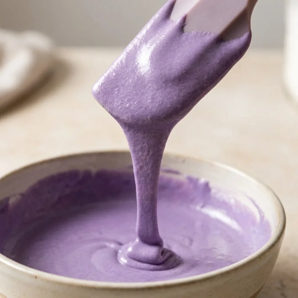 Macaron batter at ribbon stage flowing smoothly from spatula showing proper macaronage texture