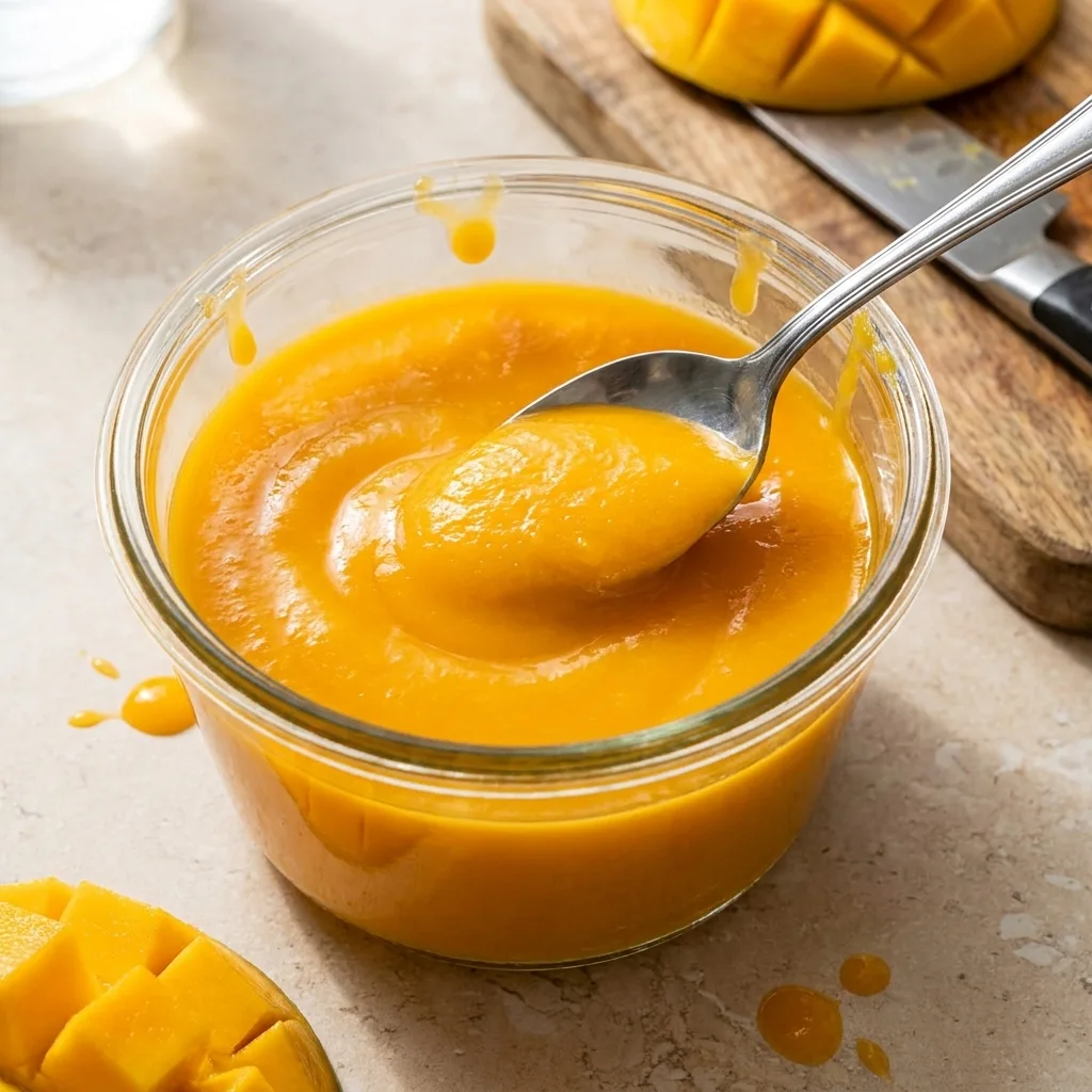 mango-puree-for-tiramisu-smooth-fresh Fresh mango puree in a bowl with smooth texture used for mango tiramisu recipe