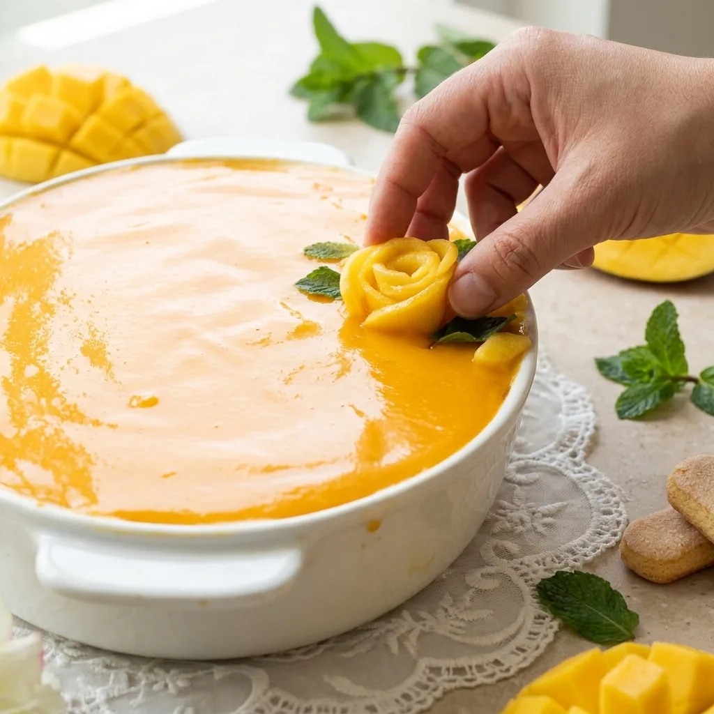 mango-tiramisu-garnish-mango-roses-mint Decorating mango tiramisu with mango rose slices and fresh mint leaves on glossy mango topping