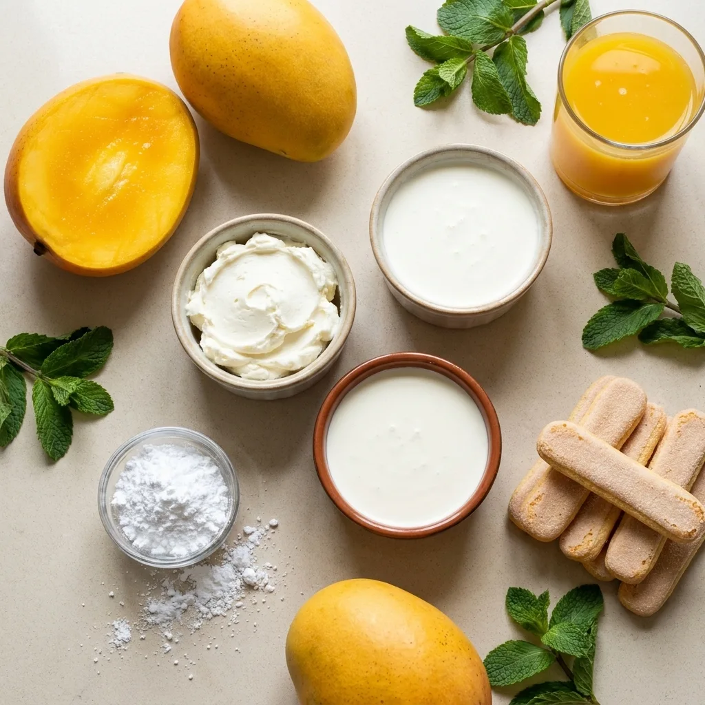 mango-tiramisu-ingredients-mascarpone-ladyfingers Ingredients for mango tiramisu including fresh mangoes, mascarpone cheese, whipped cream, ladyfingers, and powdered sugar.