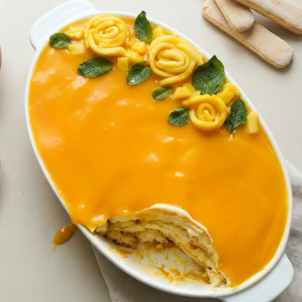 Mango tiramisu recipe in a white oval dish with glossy mango topping and a scooped section showing creamy mascarpone layers and ladyfingers