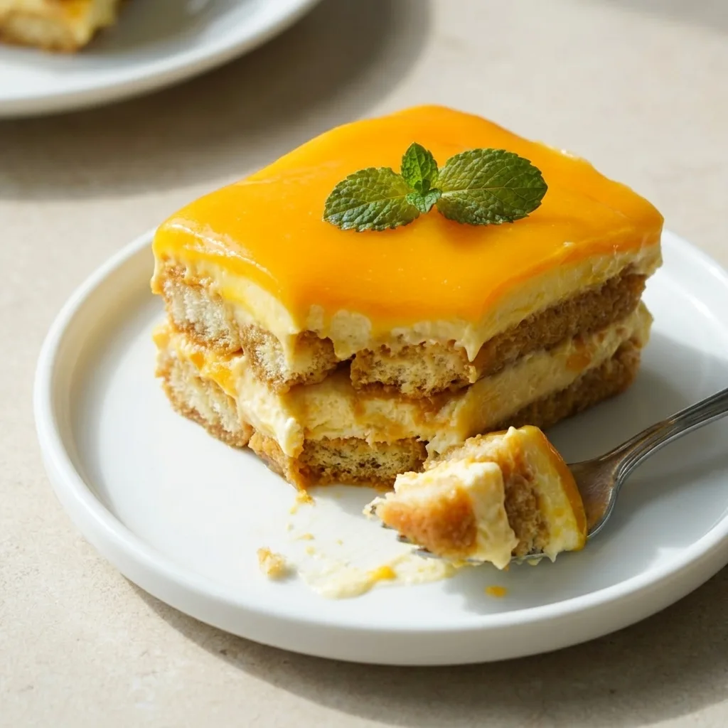 mango-tiramisu-slice-creamy-layers Close up of a slice of mango tiramisu showing creamy mascarpone layers and soaked ladyfingers