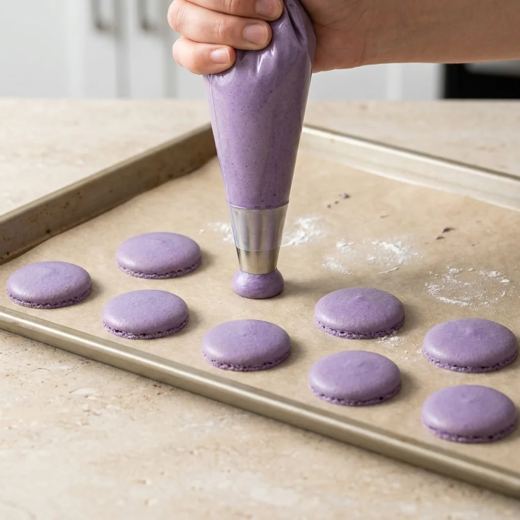 Piping macaron shells into uniform circles on parchment lined baking tray