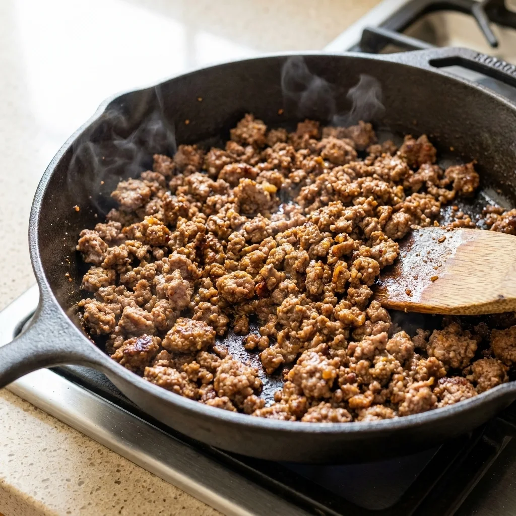 Seasoned ground beef cooking in a skillet for taco salad with visible browning and crumbly texture