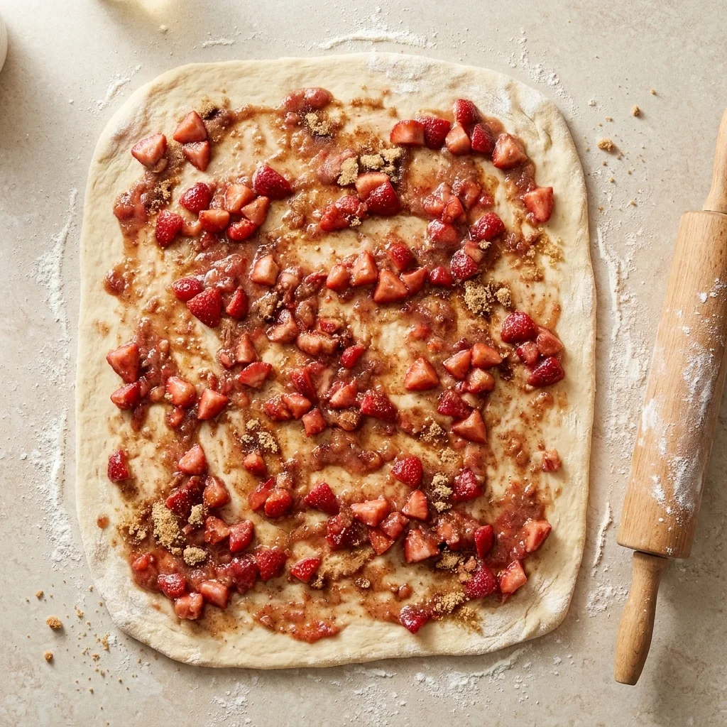 Rolled dough with strawberry cinnamon filling spread evenly