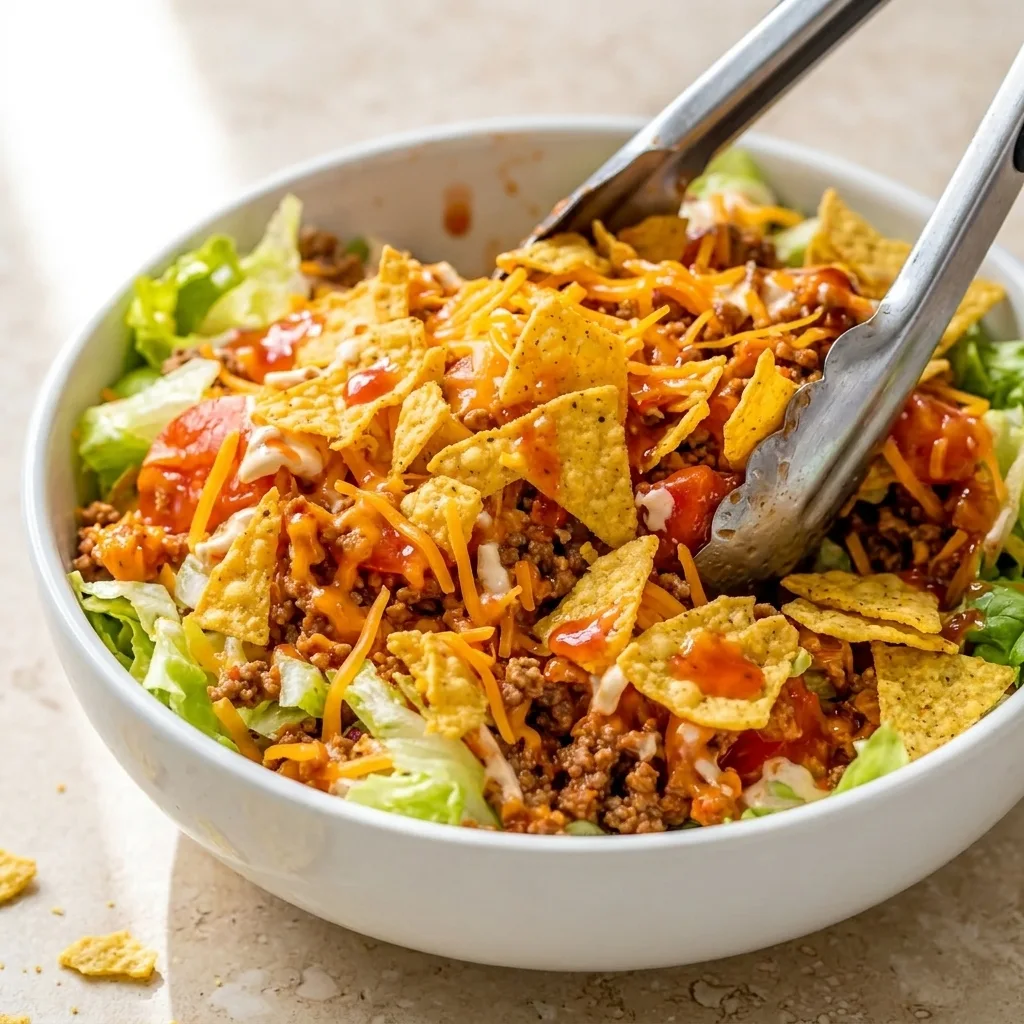 Doritos taco salad being tossed with Catalina dressing showing coated ingredients and crunchy chips