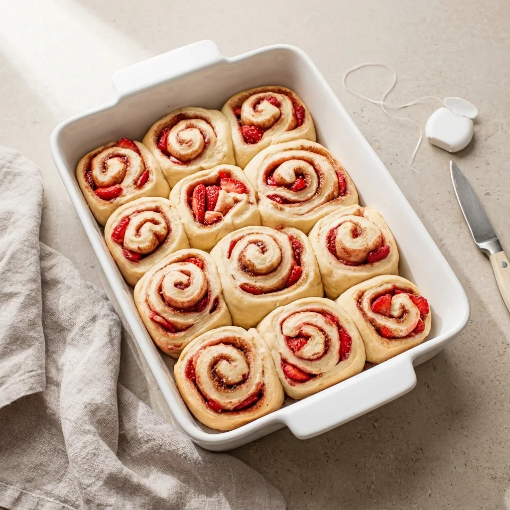 Unbaked vegan strawberry cinnamon rolls arranged in a baking dish before rising
