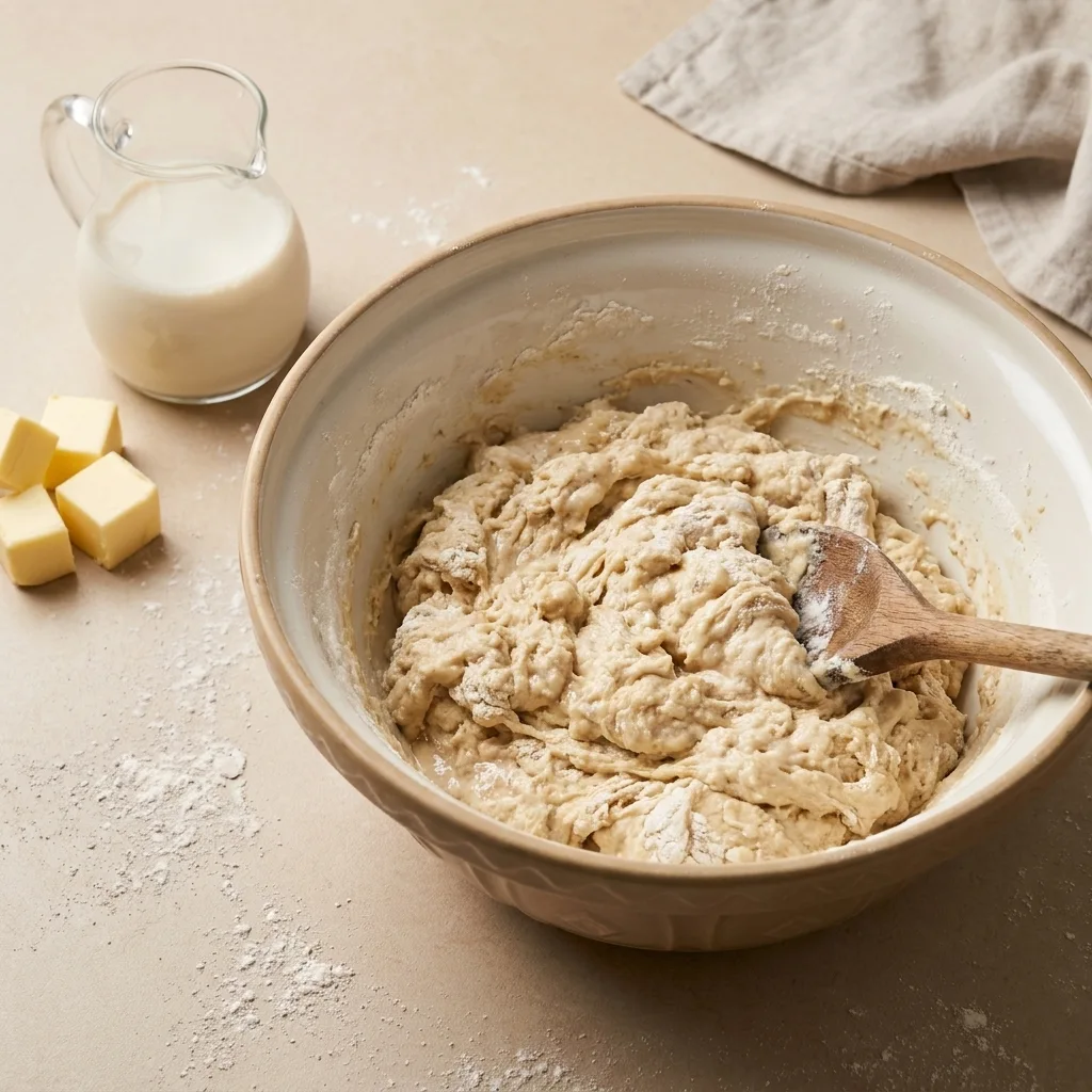 Mixing vegan cinnamon roll dough in a bowl with plant milk and butter