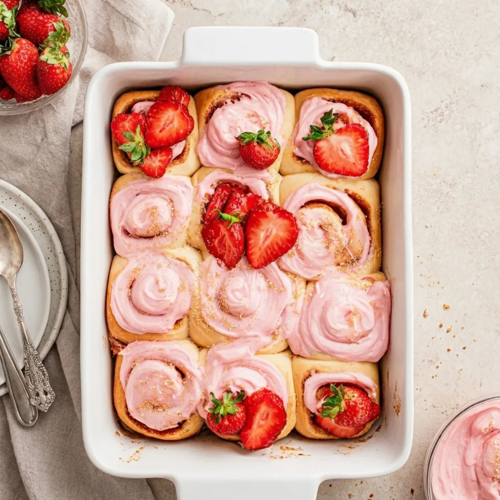 Close up vegan strawberry cinnamon rolls with pink strawberry frosting and fresh strawberries