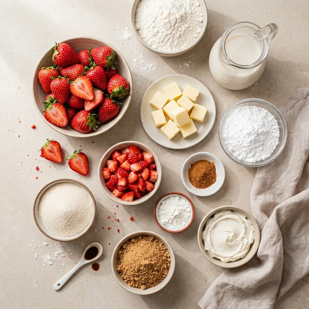 Ingredients for vegan strawberry cinnamon rolls including flour strawberries plant milk sugar and vegan butter on beige countertop