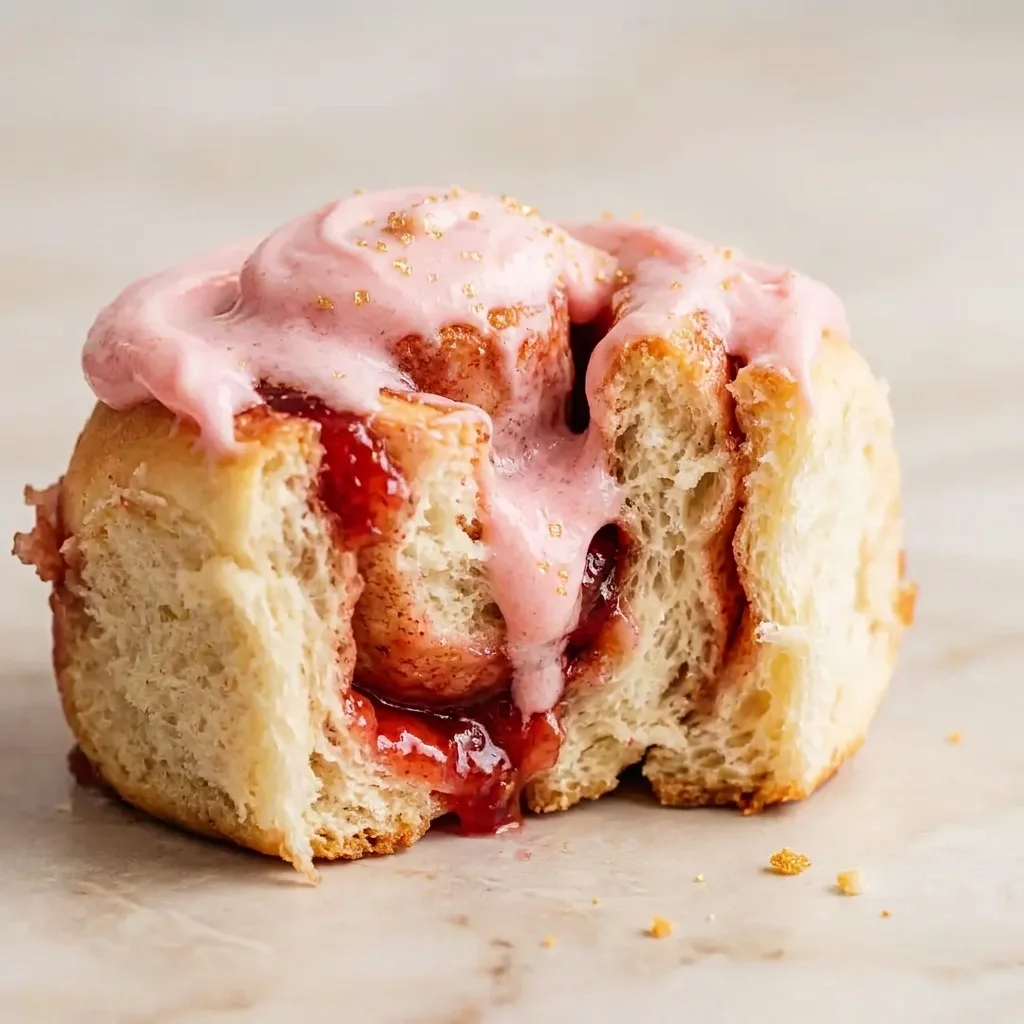 Spreading pink strawberry frosting over warm vegan cinnamon rolls with creamy texture
